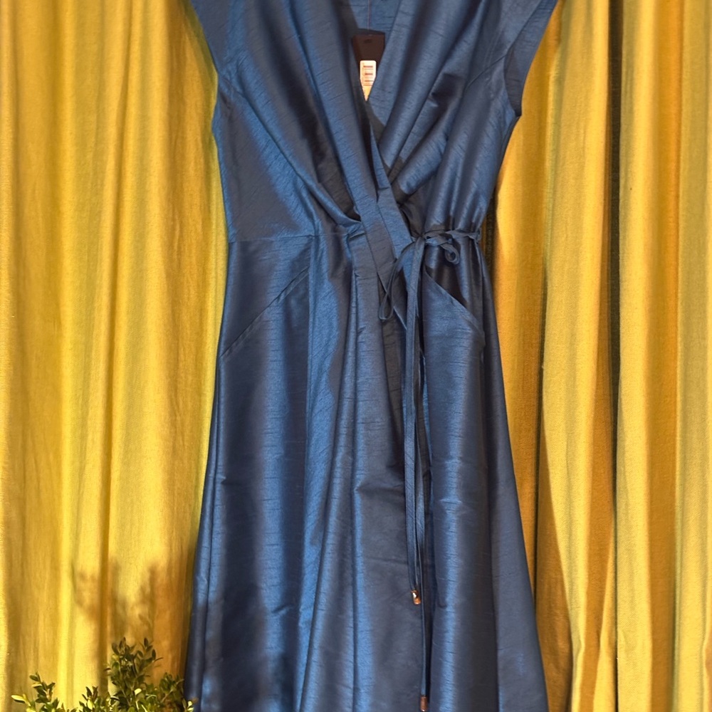 Donna Karan Teal Satin Wrap Midi Dress - Picture 5 of 9